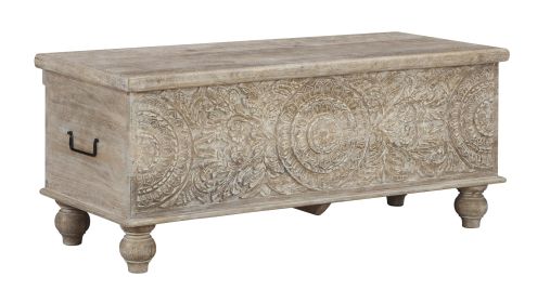 Medallion Pattern Wooden Storage Bench with Hinged Opening, White