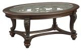 Traditional Wooden Oval Cocktail Table with Glass Top and Bun Feet, Brown