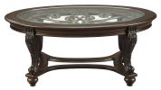 Traditional Wooden Oval Cocktail Table with Glass Top and Bun Feet, Brown
