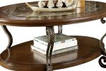 Wooden Oval Cocktail Table with Glass Top and Open Bottom Shelf, Brown