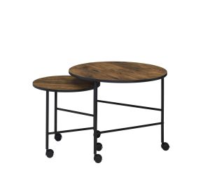 2 Piece Round Nesting End Table with Casters, Oak Brown and Black