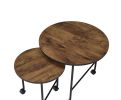 2 Piece Round Nesting End Table with Casters, Oak Brown and Black
