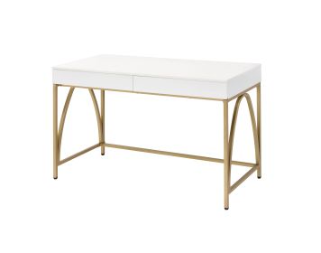 Rectangular Wooden Frame Desk with 2 Drawers and Metal Legs, White and Gold