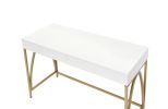 Rectangular Wooden Frame Desk with 2 Drawers and Metal Legs, White and Gold