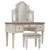 Antiqued Wooden Mirror Stool Set with Square Tapered Legs, White and Brown