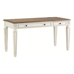 Wooden Lift Top Desk with Textured Finish and Drawers, Brown and White