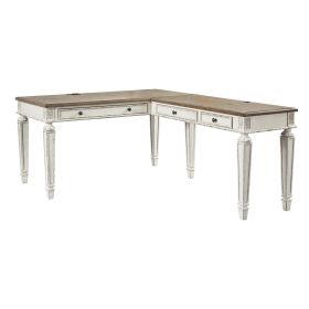 Transitional Wooden Office Desk with Carvings and Drawers, White and Brown
