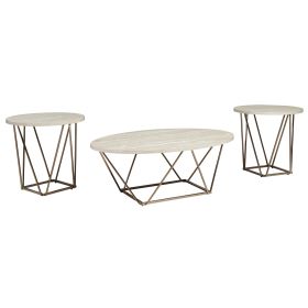 Faux Marble Table Set with 1 Coffee Table and 2 End Tables, White and Gold
