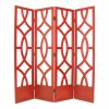 Wooden 4 Panel Room Divider with Open Geometric Design, Red