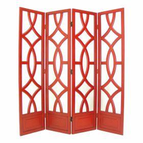 Wooden 4 Panel Room Divider with Open Geometric Design, Red