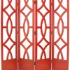 Wooden 4 Panel Room Divider with Open Geometric Design, Red
