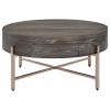 1 Drawer Round Modern Coffee Table with Crossed Metal Legs, Brown and Gold