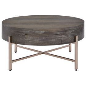 1 Drawer Round Modern Coffee Table with Crossed Metal Legs, Brown and Gold
