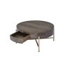 1 Drawer Round Modern Coffee Table with Crossed Metal Legs, Brown and Gold