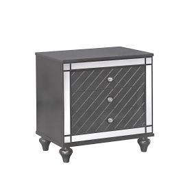 3 Drawer Wooden Nightstand with Diamond Pattern and Mirror Inlay, Gray