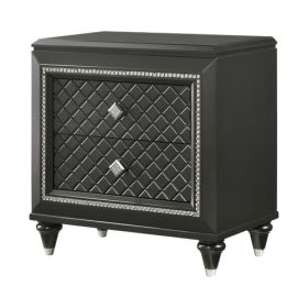 Wooden Two Drawer Nightstand with Carved Details and Knobs, Black