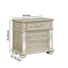 3 Drawers Nightstand with Ornate Carving and USB Ports, Silver
