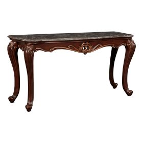 Wooden Console Table with Marble Top and Carved Details, Gray and Brown