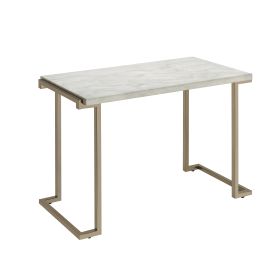 Contemporary Metal Frame Sofa Table with Faux Marble Top ,White and Gold