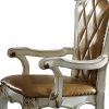 Wood and Leather Dining Chairs with Armrests, Set of 2, White and Brown