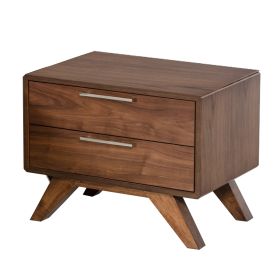 2 Drawer Wooden Nightstand with Metal Bar Handles and Angled Legs, Brown