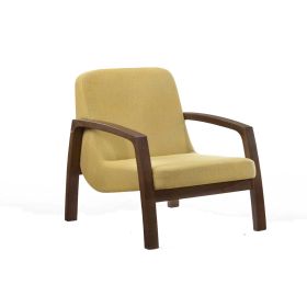 Wooden Lounge Chair with Block Legs and Padded Seat, Yellow