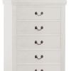 5 Drawer Wooden Chest with Metal Hanging Pulls and Bracket Feet, White