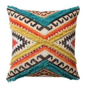 18 x 18 Square Cotton Accent Throw Pillow, Aztec Tribal Inspired Pattern, Trimmed Fringes, Multicolor
