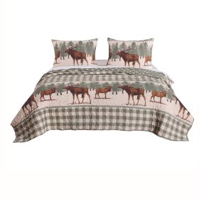 2 Piece Twin Quilt Set, Animal Print, Plaid Pattern, Green and Brown