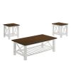 Viki 3 Piece White Coffee and End Table Set, Crossed Accents, Slatted Shelf