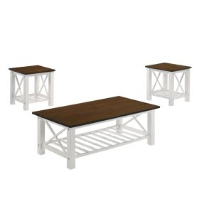 Viki 3 Piece White Coffee and End Table Set, Crossed Accents, Slatted Shelf