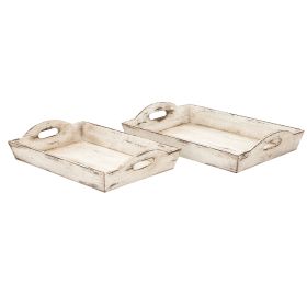 Benzara Distressed Wooden Serving Trays With Handles, Set Of 2, White