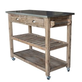 2 Drawers Wooden Frame Kitchen Cart with Metal Top and Casters, Brown and Gray