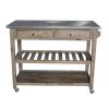 2 Drawers Wooden Frame Kitchen Cart with Metal Top and Casters, Brown and Gray