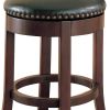 Round Wooden Counter Height Stool with Upholstered Seat, Brown, Set of 2