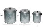 Benzara BM82052 Galvanized Metal Lidded Canister With Ribbed Pattern, Set of Three, Gray