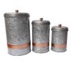 Benzara AMC0014 Galvanized Metal Lidded Canister With Copper Band, Set of Three, Gray