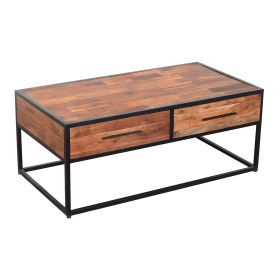 2 Drawer Industrial Metal Coffee Table with Wooden Tile Top, Brown and Black