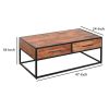 2 Drawer Industrial Metal Coffee Table with Wooden Tile Top, Brown and Black