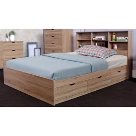 Wooden Full Size Bed Frame with 3 Drawers and Grain Details, Taupe Brown