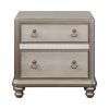 Mirror Trim Accented Nightstand with Two Drawers and Turned Legs, Silver