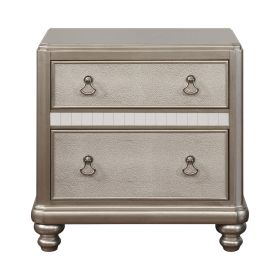 Mirror Trim Accented Nightstand with Two Drawers and Turned Legs, Silver
