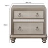 Mirror Trim Accented Nightstand with Two Drawers and Turned Legs, Silver