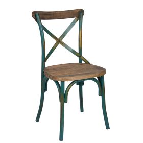 Industrial Style Wooden and Metal Frame Side Chair, Brown and Turquoise