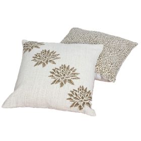 18 x 18 Square Cotton Accent Throw Pillow, Floral and Block Print Patterns, Set of 2, Gold, Off White
