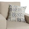 18 x 18 Square Cotton Accent Throw Pillow, Fluffy Fringes, Soft Block Print Raised Pattern, Cream, Blue