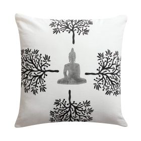 18 x 18 Square Cotton Accent Throw Pillow, Meditating Buddha, Tree Print, White, Black