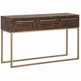 Wooden Sofa Table with 3 Storage Drawers and Metal Base, Brown and Gold