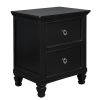 2 Drawer Wooden nightstand with Tapered Legs and Metal Rings, Black