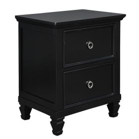2 Drawer Wooden nightstand with Tapered Legs and Metal Rings, Black